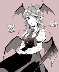 Rule 34 | 2girls, arm garter, bat wings, black skirt, black vest, blush, breasts, buttons, chibi, chibi inset, collared shirt, commentary, crescent, crescent hat ornament, hair ribbon, halftone, hat, hat ornament, head wings, koakuma, long sleeves, looking at viewer, lying, medium breasts, medium hair, mob cap, monochrome, mozukuzu (manukedori), multiple girls, necktie, object on head, on stomach, patchouli knowledge, pink background, pointy ears, ribbon, shirt, simple background, skirt, smile, symbol-only commentary, touhou, upper body, vest, white shirt, wing collar, wings