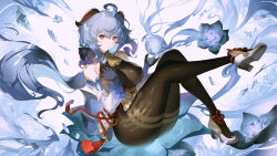 Rule 34 | 1girl, absurdres, ahoge, ass, bare shoulders, bell, blue flower, blue hair, bodystocking, bow, breasts, brown eyes, brown pantyhose, detached sleeves, flower, full body, ganyu (genshin impact), genshin impact, gloves, gold trim, high heels, highres, horns, large breasts, looking at viewer, low ponytail, neck bell, nike (nike1060), pantyhose, purple eyes, skin tight, solo, tassel, thighlet, thighs