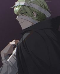 Rule 34 | 1boy, alternate costume, amami rantaro, bandaged arm, bandaged head, bandages, black cape, cape, commentary request, danganronpa (series), danganronpa v3: killing harmony, dark background, earrings, eyes visible through hair, from side, gatobau, gradient background, green hair, highres, jewelry, looking at viewer, male focus, profile, short hair, solo, upper body