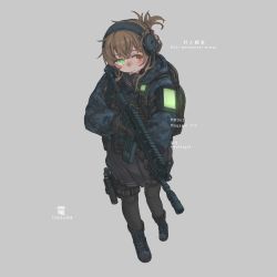 Rule 34 | 1girl, alternate costume, assault rifle, backpack, bag, black footwear, black gloves, black pantyhose, black skirt, boots, brown hair, character name, closed mouth, folded ponytail, full body, gloves, green eyes, grey background, gun, hair between eyes, headphones, headset, heterochromia, highres, holding, holding gun, holding weapon, holstered, inazuma (kancolle), jacket, kantai collection, kuro4221, long sleeves, orange eyes, pantyhose, pleated skirt, ponytail, rifle, sailor collar, simple background, skirt, solo, standing, tactical clothes, weapon