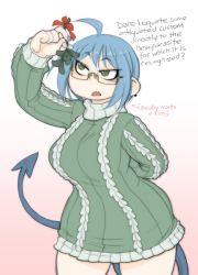 Rule 34 | 1girl, ahoge, arm behind back, blue hair, blue nails, breasts, christmas, crybringer, curvy, demon girl, demon mages, demon tail, english text, fang, glasses, green eyes, holding, holding mistletoe, large breasts, looking away, mistletoe, nail polish, pointy ears, ribbed sweater, semi-rimless eyewear, short hair, solo, sweater, tail, tess tesryon, tsundere, turtleneck, turtleneck sweater, under-rim eyewear, yellow-framed eyewear