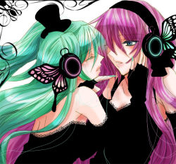 Rule 34 | 2girls, aqua hair, bad id, bad pixiv id, butterfly wings, dress, face-to-face, female focus, fingerless gloves, gloves, green hair, hat, hatsune miku, headphones, insect wings, long hair, magnet, magnet (vocaloid), megurine luka, mini hat, mini top hat, multiple girls, natsuru, pink hair, top hat, very long hair, vocaloid, wings, yuri
