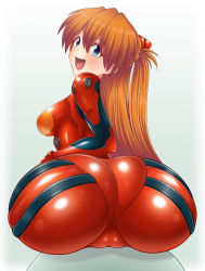 Rule 34 | 1girl, ass, ass focus, blue eyes, breasts, butt crack, hand on own hip, huge ass, large breasts, long hair, looking at viewer, neon genesis evangelion, pixiv1478062, plugsuit, sitting, smile, solo, souryuu asuka langley, twintails