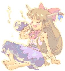 Rule 34 | 1girl, :d, ^ ^, alcohol, armpits, barefoot, belt, blush, bow, bowtie, buckle, chain, closed eyes, drunk, female focus, full body, gourd, hair bow, holding, horns, ibuki suika, long hair, low-tied long hair, ofuda, open mouth, red bow, red bowtie, sake, simple background, smile, soles, solo, spread legs, toes, touhou, white background