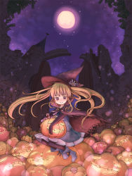 Rule 34 | 1girl, bad id, bad pixiv id, blonde hair, boots, cape, elbow gloves, full moon, gloves, halloween, hat, highres, jack-o&#039;-lantern, long hair, moon, night, original, pumpkin, smile, solo, usami miki, witch hat