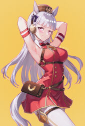 Rule 34 | 1girl, absurdres, animal ears, arm garter, armpits, arms up, banhuaaidie, black headwear, blunt bangs, blush, bow, bowtie, breasts, buttons, chest harness, closed mouth, cowboy shot, dated, double-breasted, dress, ear bow, gold ship (umamusume), grey hair, grey tail, harness, highres, horse ears, horse girl, horse tail, long hair, looking at viewer, medium breasts, orange background, outline, pantyhose, paper texture, pillbox hat, pink eyes, pink outline, pouch, presenting armpit, purple bow, red bow, red bowtie, red dress, short dress, signature, simple background, sleeveless, sleeveless dress, smile, solo, split mouth, tail, thigh strap, umamusume, white pantyhose