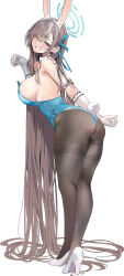 Rule 34 | 1girl, absurdly long hair, animal ears, arm behind back, ass, asuna (blue archive), asuna (bunny) (blue archive), bad id, bad twitter id, bare shoulders, black pantyhose, blue archive, blue eyes, blue leotard, blue ribbon, blush, breasts, commentary, detached collar, elbow gloves, fake animal ears, fake tail, from behind, full body, gloves, grey hair, grin, hair ornament, hair ribbon, hairband, halo, hand up, high heels, highres, large breasts, legs, leotard, long hair, looking at viewer, looking back, marushin (denwa0214), official alternate costume, one eye closed, pantyhose, parted lips, playboy bunny, rabbit ears, rabbit tail, revision, ribbon, sideboob, simple background, smile, solo, tail, teeth, thighs, very long hair, white background, white footwear, white gloves, white hairband