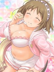 Rule 34 | 10s, 1girl, arms up, bad id, bad pixiv id, bikini, bikini top only, blush, breasts, brown eyes, brown hair, cleavage, crumbs, eating, closed eyes, food, food on body, food on face, from above, hairband, happy, headset, hood, hoodie, idolmaster, idolmaster cinderella girls, large breasts, mimura kanako, navel, open mouth, plump, poponpin, shorts, solo, swimsuit
