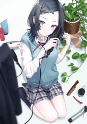 Rule 34 | 1girl, adjusting hair, black hair, black socks, blush, bottle, closed mouth, collared shirt, comb, commentary request, forehead, grey eyes, hair dryer, hair ornament, hair straightener, hairclip, hands up, highres, holding, leaf, long sleeves, looking at viewer, medium hair, original, osabe tom, plaid, plaid skirt, plant, pleated skirt, potted plant, school uniform, seiza, shampoo bottle, shirt, sitting, skirt, smile, socks, solo, sweater vest, vest, white shirt, wing collar