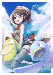 Rule 34 | 1girl, :d, absurdres, belt, blouse, blush, boots, border, braid, brown hair, clothed pokemon, commentary request, creatures (company), crossover, dated, ducklett, game freak, gen 1 pokemon, gen 5 pokemon, grey headwear, grey shirt, hat, highres, hip vent, hololive, looking at viewer, nintendo, null suke, oozora subaru, oozora subaru (work), open mouth, outside border, pokemon, pokemon (creature), psyduck, shirt, short hair, signature, sleeveless, sleeveless shirt, smile, star (symbol), striped clothes, striped shirt, thighhighs, tongue, vertical-striped clothes, vertical-striped shirt, virtual youtuber, white border