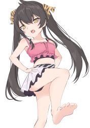 Rule 34 | 1girl, absurdres, barefoot, black hair, black panties, commentary request, hair ribbon, hands on own hips, highres, idolmaster, idolmaster cinderella girls, idolmaster cinderella girls u149, knee up, long hair, looking at viewer, matoba risa, meika (gtwgtpkai), midriff, open mouth, panties, pink tank top, ribbon, simple background, skirt, soles, solo, striped ribbon, tank top, teeth, toes, twintails, underwear, upper teeth only, white background, white skirt, yellow eyes