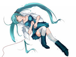 Rule 34 | 1girl, aqua eyes, aqua hair, bad id, bad pixiv id, boots, breasts, collarbone, eto, female focus, full body, hatsune miku, highres, long hair, lying, on back, snow, solo, string, string of fate, thighhighs, twintails, very long hair, vocaloid, white background