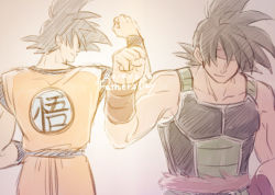 Rule 34 | 2014, 2boys, armor, back-to-back, bakusou k, bandana, bardock, black hair, dated, dougi, dragon ball, dragonball z, father&#039;s day, father and son, fist bump, grey background, happy, looking back, male focus, multiple boys, short hair, simple background, smile, son goku, spiked hair, tail, wristband