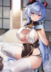 Rule 34 | 1girl, absurdres, ahoge, arm under breasts, bell, black gloves, blue hair, blush, bottle, breasts, cleavage, closed mouth, covered navel, cowbell, cup, dress, drinking glass, eric (tianqijiang), ganyu (genshin impact), genshin impact, gloves, goat horns, highres, horns, lace trim, large breasts, lens flare, long hair, looking at viewer, neck bell, on floor, panties, pelvic curtain, pot, pouring, pouring onto self, purple eyes, revealing clothes, sake bottle, side-tie panties, sliding doors, solo, squatting, suggestive fluid, tatami, thighhighs, thighs, underwear, very long hair, wet, white thighhighs
