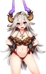 Rule 34 | 10s, 1girl, bikini, blush, breasts, draph, female pubic hair, gloves, granblue fantasy, grey hair, hair between eyes, hands on own hips, horns, jewelry, large breasts, long hair, looking at viewer, navel, necklace, open mouth, pubic hair, red eyes, smile, solo, swimsuit, tenken (gotannda), threo (granblue fantasy)
