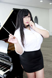 Rule 34 | 1girl, asian, blouse, breasts, chouzuki maryou, cosplay, glasses, hand to own mouth, highres, instrument, jewelry, kumikyoku mitsunyuu, large breasts, lipstick, long hair, makeup, makihara kozue (cosplay), necklace, photo (medium), piano, plump, pointer, ring, shirt, side slit, skirt, solo, teacher, thick thighs, thighs, wedding ring, white shirt