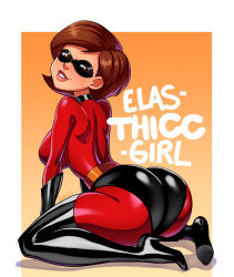 Rule 34 | 1girl, arm support, artist name, ass, bodysuit, boots, breasts, brown eyes, brown hair, costume, curvy, dated, domino mask, elastigirl, female focus, from behind, gloves, gradient background, helen parr, highres, huge ass, large breasts, latex, latex gloves, latex suit, looking at viewer, looking back, mask, naughty face, shiny clothes, short hair, simple background, skin tight, solo, standing, superhero costume, sweat, the incredibles, thighhighs, wide hips, zeshgolden