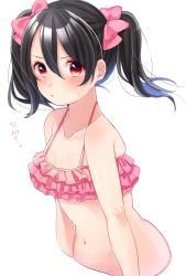 Rule 34 | 10s, 1girl, bad id, bad twitter id, bikini, black hair, blush, bow, collarbone, cropped torso, frilled bikini, frills, hair bow, halterneck, highres, inactive account, looking at viewer, love live!, love live! school idol project, navel, pink bikini, pink bow, pout, red eyes, shuga (0329tixi), simple background, solo, sweatdrop, swimsuit, translated, twintails, upper body, v-shaped eyebrows, white background, yazawa nico