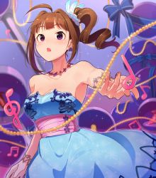 Rule 34 | 1girl, ahoge, bead necklace, beads, beamed eighth notes, beamed sixteenth notes, blue dress, blurry, blurry background, bracelet, breasts, brown hair, commentary, depth of field, dress, drill hair, feather hair ornament, feathers, hair ornament, half note, idolmaster, idolmaster million live!, jewelry, kamille (vcx68), looking at viewer, medium breasts, medium hair, musical note, necklace, open mouth, purple eyes, side drill, side ponytail, solo, sparkle, standing, strapless, strapless dress, treble clef, yokoyama nao