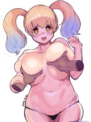 Rule 34 | 1girl, artist name, belly, bikini, bikini bottom only, blonde hair, grabbing another&#039;s breast, breasts, dark-skinned male, dark skin, disembodied hand, grabbing, huge breasts, midriff, multicolored hair, navel, nitroplus, plump, sho-n-d, solo focus, stomach, super pochaco, swimsuit, thighs, topless, twintails, yellow eyes