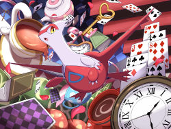 Rule 34 | :o, absurdres, book, bow, unworn bow, card, claws, clock, commentary request, creatures (company), cup, game freak, gen 3 pokemon, highres, key, latias, legendary pokemon, nintendo, no humans, open mouth, playing card, pokemon, pokemon (creature), shabana may, solo, teacup, teapot, tongue, yellow eyes