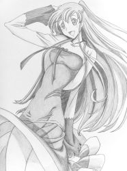 Rule 34 | 1girl, breasts, choker, code geass, derivative work, graphite (medium), greyscale, highres, long hair, medium breasts, monochrome, monochrome, paper texture, shirley fenette, smile, solo, tarou no tsubuyaki, thighs, traditional media, wind, wind lift