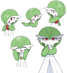Rule 34 | 1girl, = =, averting eyes, blush, closed mouth, colored skin, constricted pupils, cowboy shot, creatures (company), crossed arms, female focus, flat chest, flying sweatdrops, game freak, gardevoir, gen 3 pokemon, green hair, green skin, hair between eyes, hair over one eye, half-closed eyes, hand up, hands on own cheeks, hands on own face, hands up, happy, index finger raised, index fingers together, light blush, looking at viewer, looking to the side, multicolored skin, multiple views, nervous, nintendo, one eye covered, own hands together, pokemon, pokemon (creature), rarara (pixiv 14765246), red eyes, shaded face, short hair, simple background, smile, standing, straight-on, two-tone skin, upper body, white background, white skin