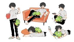 Rule 34 | 1boy, barefoot, black eyes, black pants, cellphone, closed eyes, closed mouth, commentary request, couch, creatures (company), game freak, gen 2 pokemon, grey footwear, highres, holding, holding phone, male focus, multiple views, newo (shinra-p), nintendo, on lap, pants, phone, pokemon, pokemon (creature), pokemon on back, pokemon on lap, shirt, short hair, short sleeves, simple background, sitting, slippers, smile, spinarak, standing, t-shirt, toes, white background