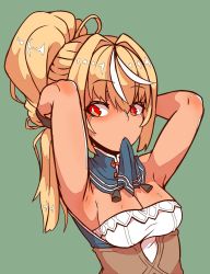 Rule 34 | 1girl, adjusting hair, ahoge, aikohgin2, alternate hairstyle, armpits, breasts, bustier, cleavage, dark-skinned female, dark skin, green background, hair ribbon, hair up, high ponytail, highres, hololive, long hair, looking at viewer, mouth hold, red eyes, ribbon, ribbon in mouth, shiranui flare, shiranui flare (old design), simple background, small breasts, solo, tassel, upper body, virtual youtuber