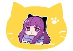 Rule 34 | 1girl, :t, animal ears, animal print, cat ears, cat print, chibi, cropped torso, fake animal ears, fern (sousou no frieren), hairband, half updo, long hair, long sleeves, looking at viewer, okas, paw print, pout, purple eyes, purple hair, scarf, solo, sousou no frieren, white background, winter clothes, yellow background