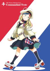 Rule 34 | 10s, 1girl, beret, blonde hair, blue hair, commandant teste (kancolle), commentary request, cross, flag background, french flag, green eyes, hat, jacket, kantai collection, kitsuneno denpachi, long hair, looking back, multicolored hair, plaid, red hair, scarf, shoes, skirt, smile, solo, streaked hair, two-barred cross, white hair