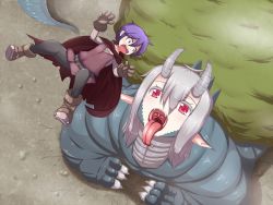 Rule 34 | belt, blue eyes, blush, boots, cape, freefall, gloves, grey hair, horns, luka (mon-musu quest!), mon-musu quest!, monster girl, open mouth, purple hair, red eyes, tail, tongue, vore