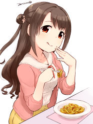 Rule 34 | 1girl, :q, blouse, blush, bowl, brown hair, buttons, closed mouth, collarbone, dated, dot nose, eating, food, fork, hair bun, hair ornament, hand on own face, head tilt, high-waist skirt, highres, holding, holding fork, idolmaster, idolmaster cinderella girls, jacket, lace-trimmed sailor collar, lace trim, long hair, long sleeves, looking at viewer, nagian, one side up, pasta, pink jacket, placemat, red eyes, red ribbon, ribbon, sailor collar, shimamura uzuki, shirt, sidelocks, simple background, single hair bun, sitting, skirt, solo, spaghetti, table, tareme, tongue, tongue out, unbuttoned, wavy hair, white shirt, yellow skirt