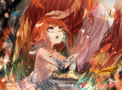 Rule 34 | 2girls, ashes, bare shoulders, blood, child, commentary request, dress, fire, funi mu9, gradient hair, green hair, hololive, hololive english, long hair, mamatori, multicolored hair, multiple girls, open mouth, orange hair, petting, red eyes, takanashi kiara, tears, virtual youtuber, white dress, wings