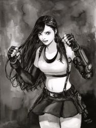 Rule 34 | 1girl, asymmetrical gloves, belt, commentary, cowboy shot, cropped shirt, dated, elbow gloves, fighting stance, final fantasy, final fantasy vii, final fantasy vii remake, fingerless gloves, gloves, greyscale, highres, lips, long hair, looking at viewer, midriff, miniskirt, miss jisu, monochrome, navel, signature, skirt, solo, square enix, standing, suspender skirt, suspenders, tactical clothes, tank top, thighs, tifa lockhart, traditional media, very long hair