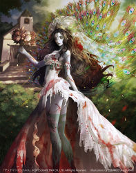 Rule 34 | 1girl, 2016, artist name, bleeding, blood, blood on clothes, blood stain, bloody clothes, bloody dress, bouquet, breasts, brown hair, cleavage, dated, deadman&#039;s cross, dress, flower, large breasts, long hair, outdoors, pale skin, peacock feather, rose, scar, skirt hold, solo, square enix, stitches, tajima yukie, thighhighs, tiara, torn clothes, torn thighhighs, veil, watermark, wedding dress, white dress, white flower, white rose, zombie