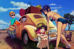 Rule 34 | 1boy, 3girls, = =, aircraft, airplane, ass, bad id, bad pixiv id, baseball cap, bee (the-bee8607), bikini, bikini top only, blonde hair, blue hair, blue sky, blush, breasts, car, cat, cloud, contrail, day, from behind, green hair, hanging breasts, hat, long hair, looking back, motor vehicle, multiple girls, original, pink hair, red eyes, shoes, short shorts, shorts, shovel, sideboob, sky, small breasts, sneakers, spade, squatting, strap gap, sunglasses, swimsuit, vehicle, vehicle focus, volkswagen, volkswagen beetle