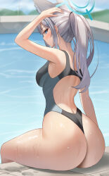 Rule 34 | 1girl, absurdres, animal ear fluff, animal ears, ass, blue archive, blue eyes, blush, breasts, commentary, competition swimsuit, cross hair ornament, extra ears, grey hair, hair ornament, halo, highres, huge ass, kitin, large breasts, looking at viewer, mismatched pupils, official alternate costume, one-piece swimsuit, ponytail, pool, poolside, shiroko (blue archive), shiroko (swimsuit) (blue archive), sitting, solo, swimsuit, thick thighs, thighs, wet, wolf ears