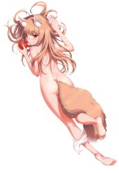 Rule 34 | 1girl, absurdres, animal ears, ass, barefoot, blunt bangs, blush, body blush, closed mouth, dimples of venus, fang, fang out, feet, food, from above, fruit, full body, highres, holding, holding food, holding fruit, holo, koume keito, leg up, lips, long hair, looking to the side, lying, nose blush, nude, nudist, official art, on stomach, orange hair, pink lips, red eyes, red hair, scan, shiny skin, shoulder blades, simple background, smile, soles, solo, spice and wolf, tail, toes, white background, wolf ears, wolf tail