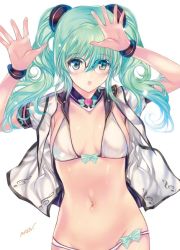 Rule 34 | 1girl, :o, bikini, bracelet, breasts, glasses, green eyes, green hair, hair ornament, hands up, hatsune miku, jewelry, lowleg, lowleg bikini, min-naraken, navel, open clothes, open mouth, open shirt, signature, silver bikini, simple background, small breasts, solo, swimsuit, treble clef, twintails, vocaloid, white background