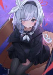 Rule 34 | 1girl, black coat, black pantyhose, black shirt, black skirt, blue archive, blush, bow, braid, chair, coat, desk, from above, grey eyes, grey hair, hair bow, hair over one eye, hairband, halo, hands on own thighs, heart, heart halo, highres, long hair, looking at viewer, looking up, off shoulder, on desk, pantyhose, pink halo, plana (blue archive), poko (user xkuy3728), ribbon, school uniform, serafuku, shirt, sitting, skirt, solo, thighs