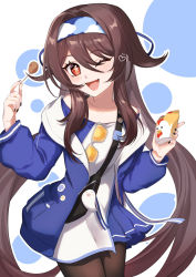 Rule 34 | 1girl, ;d, boo tao (genshin impact), brown hair, cameo, casual, chicken (food), commentary request, contemporary, fried chicken, genshin impact, hair between eyes, hairband, highres, holding, holding skewer, hood, hooded jacket, hu tao (genshin impact), hu tao (lawson) (genshin impact), jacket, long hair, long sleeves, looking at viewer, low twintails, official alternate costume, one eye closed, open mouth, red eyes, sidelocks, simple background, skewer, smile, solo, sunglasses, sushi 171, symbol-shaped pupils, twintails, white background