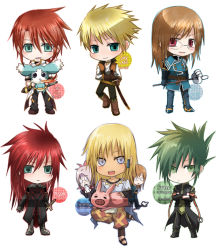 Rule 34 | 00s, 6+boys, asch (tales), bad id, bad pixiv id, blonde hair, blue eyes, brown hair, character name, chibi, dist, dist (tales), fire, full body, glasses, green eyes, green hair, guy cecil, jade curtiss, kuzu youkan, long hair, luke fon fabre, male focus, mieu (tales), multiple boys, peony ix, pig, red eyes, red hair, simple background, surcoat, sync (tales), tales of (series), tales of the abyss, white background