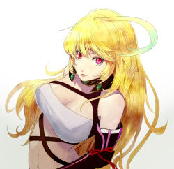 Rule 34 | 1girl, bad id, bad pixiv id, bare shoulders, blonde hair, breasts, cleavage, female focus, gradient background, hidezi, large breasts, long hair, milla maxwell, pink eyes, simple background, solo, tales of (series), tales of xillia, white background