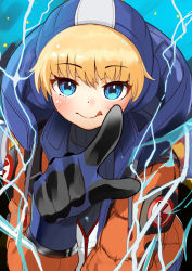 Rule 34 | 1girl, animification, apex legends, blonde hair, blue bodysuit, blue eyes, blue headwear, blush, bodysuit, electricity, highres, leaning forward, licking lips, lightning bolt symbol, pointing, pointing at viewer, ribbed bodysuit, smile, solo, tongue, tongue out, upper body, wakamizu, wattson (apex legends), white bodysuit