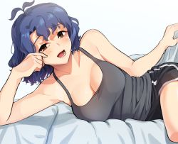 Rule 34 | 1girl, :d, ahoge, antenna hair, arm support, armpits, bare shoulders, bed, blue hair, blush, breasts, brown eyes, cleavage, collarbone, hand on own cheek, hand on own face, idolmaster, idolmaster million live!, indoors, kamille (vcx68), large breasts, looking at viewer, lying, on bed, on side, open mouth, shirt, short hair, short shorts, shorts, simple background, sleeveless, smile, solo, tank top, teeth, thighs, tongue, toyokawa fuka, upper body