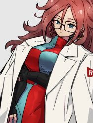 Rule 34 | 1girl, android 21, black-framed eyewear, blue eyes, checkered clothes, checkered dress, closed mouth, dragon ball, dragon ball fighterz, dress, earrings, glasses, grey background, hair between eyes, half-closed eyes, hoop earrings, jewelry, kemachiku, lab coat, long hair, looking at viewer, red hair, red ribbon army, simple background, solo, turtleneck, turtleneck dress