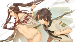 Rule 34 | 1boy, 1girl, :o, ahoge, aisawa natsu, bare shoulders, bikini, black hair, blue eyes, breasts, brown eyes, brown hair, cape, chaldea pathfinder, commentary request, eyewear on head, fate/grand order, fate (series), fujimaru ritsuka (male), fujimaru ritsuka (male) (chaldea pathfinder), green neckerchief, hair ornament, highres, holding, holding polearm, holding spear, holding weapon, large breasts, long hair, lowleg, lowleg bikini, neckerchief, official alternate costume, polearm, scout uniform, spear, sunglasses, swimsuit, twintails, underboob, very long hair, weapon, white background, white bikini, white cape, wrist straps, yu mei-ren (fate), yu mei-ren (swimsuit lancer) (fate)