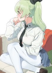 Rule 34 | 1girl, absurdres, anchovy (girls und panzer), black necktie, blue skirt, blush, breast hold, breasts, brown footwear, closed mouth, collared shirt, couch, dorontabi, dress shirt, eyelashes, girls und panzer, green hair, hair ribbon, hand on own chin, highres, long hair, long sleeves, medium breasts, miniskirt, necktie, orange eyes, pantyhose, pleated skirt, ribbon, shirt, shoes, simple background, sitting, skirt, solo, twintails, white background, white pantyhose, white shirt, wing collar