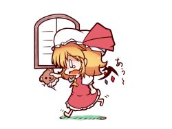 Rule 34 | 0 0, 1girl, barefoot, blonde hair, dekasudachin, dress, flandre scarlet, full body, hair ribbon, open mouth, puffy short sleeves, puffy sleeves, red dress, red ribbon, ribbon, short hair, short sleeves, simple background, solo, tears, touhou, wavy mouth, white background